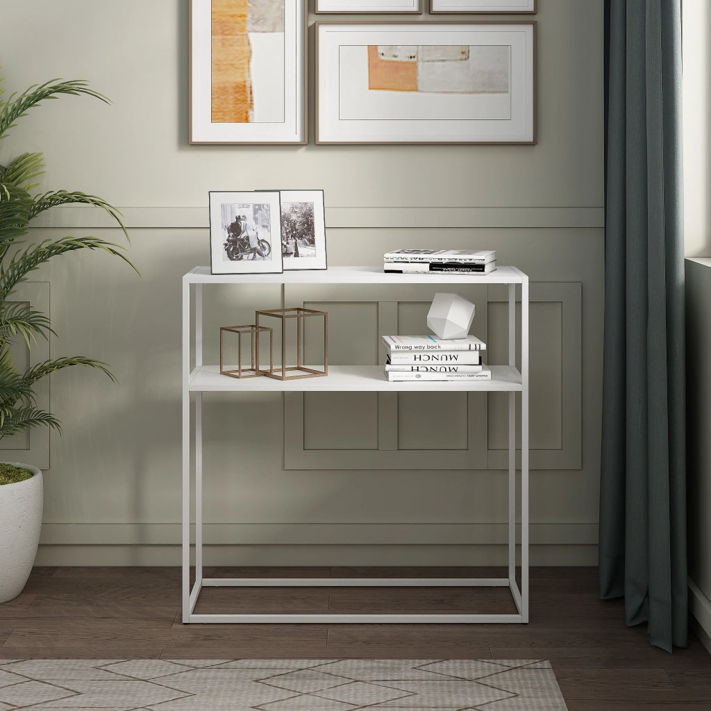 Tavolo a Consolle Kuhmo in Metallo 80 x 80 x 30 cm 2 Piani di Appoggio Bianco [en.casa]