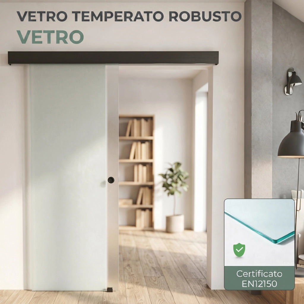 Porta Scorrevole 77,5x205 cm con Binario Silenzioso e Guida in Vetro Temperato Sabbiato Trasparente