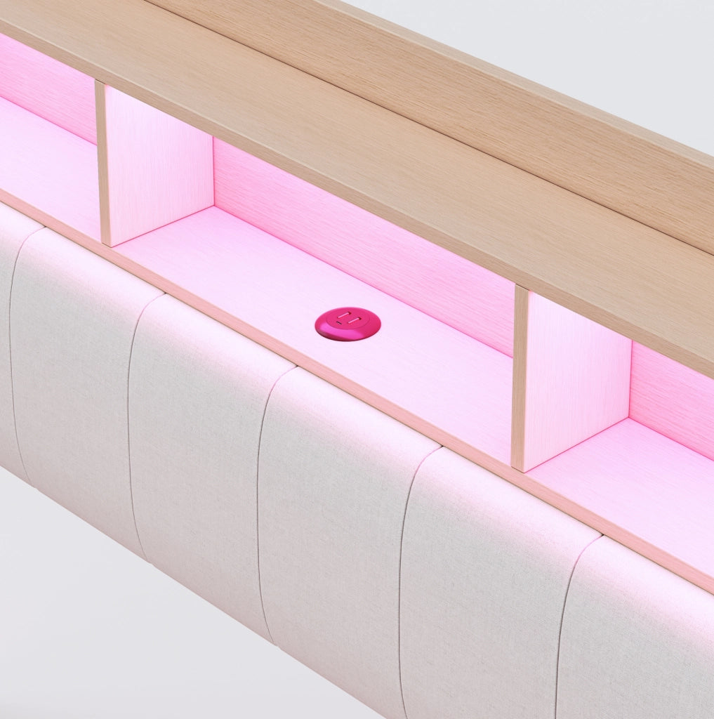 Letto imbottito 160x200 con LED, USB-C e vano contenitivo beige