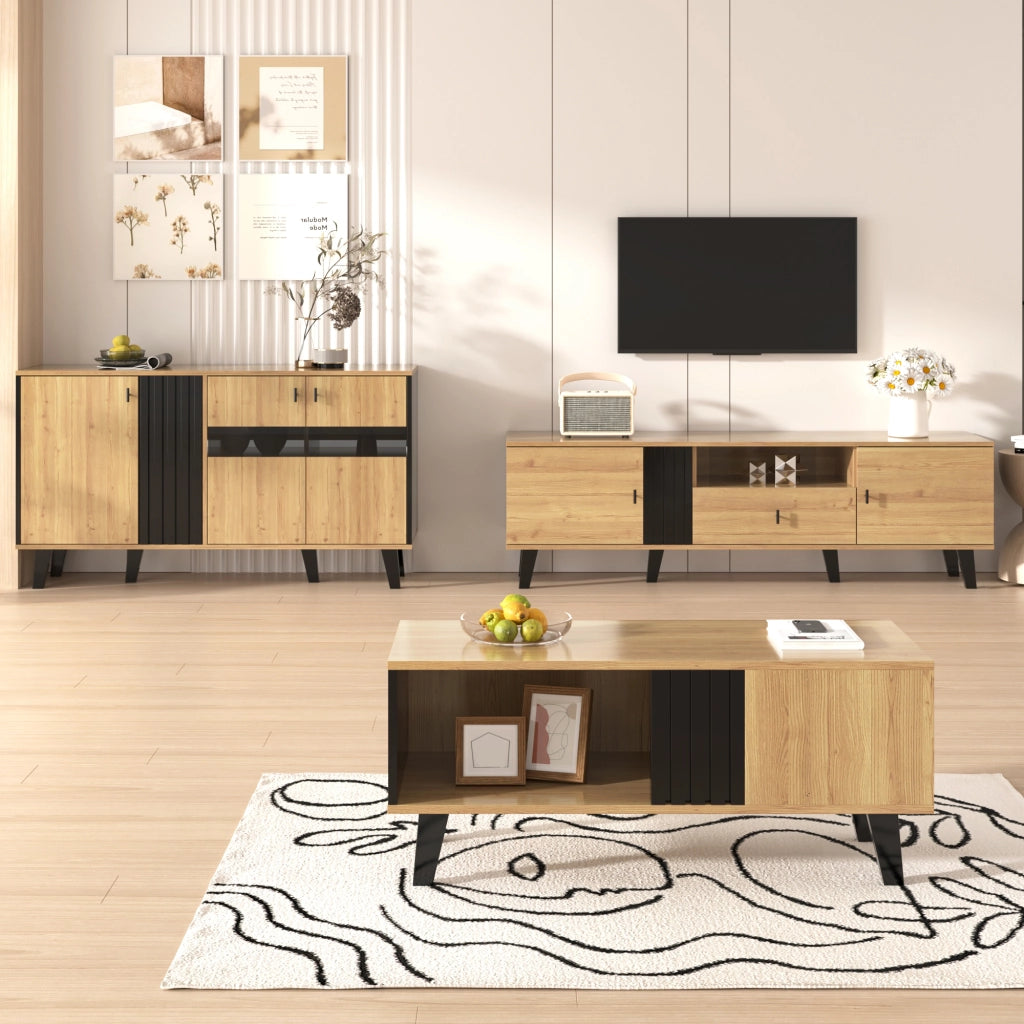 OKWISH Set di 3 Mobili da Soggiorno con Tavolino, Mobile TV e Madia con LED, Vetro e Pannelli di Particelle, Nero e Legno