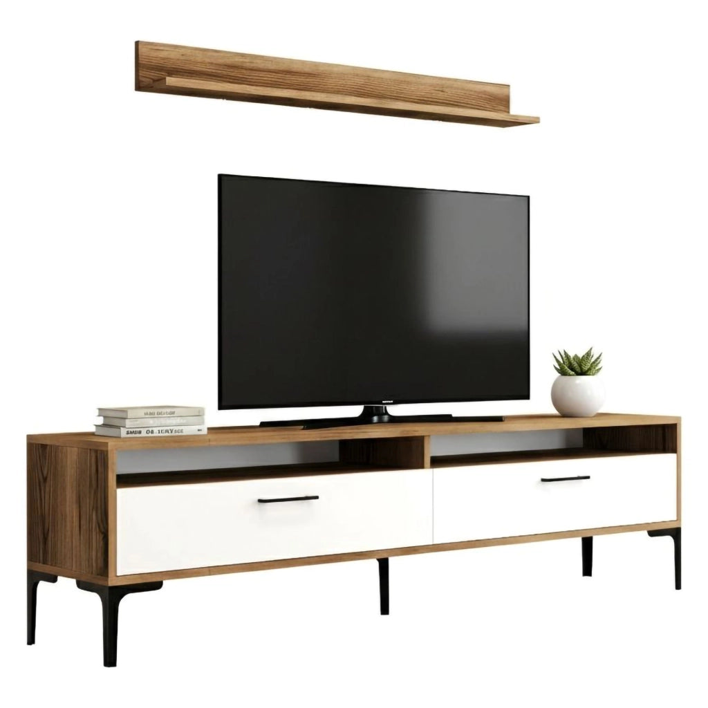 Parete attrezzata Oho, Composizione soggiorno, Mobile salotto multiuso, Armadio porta TV, 180x35h47 cm, Noce e Bianco