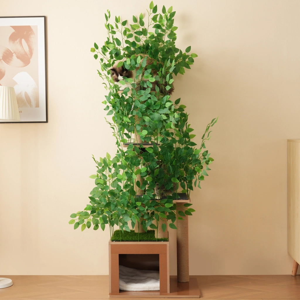 Tiragraffi Albero 190 Cm a Forma di Albero con 4 Piattaforme; Foglie Rimovibili; Antiribaltamento in MDF Verde
