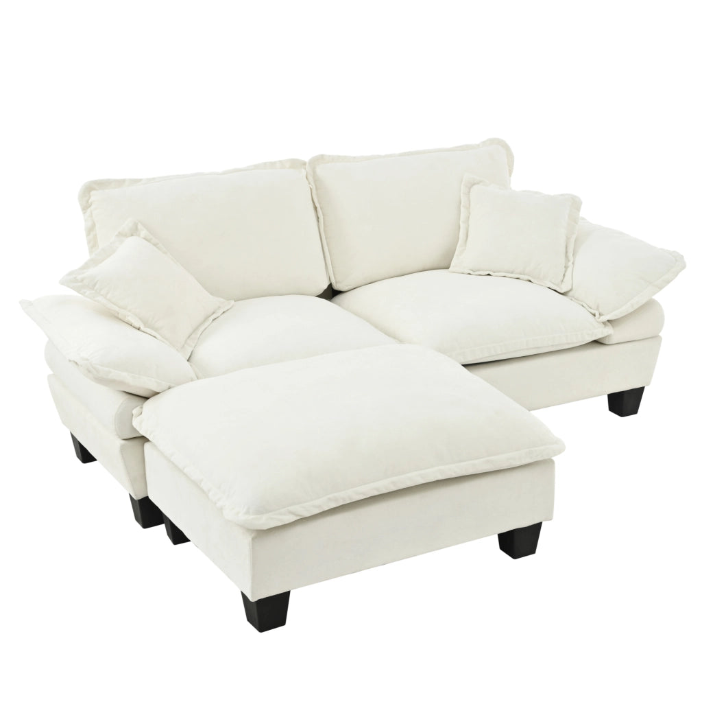 Divano angolare modulare Cloud in chenille beige con pouf mobile e 2 cuscini morbidi, 194x155x90 cm
