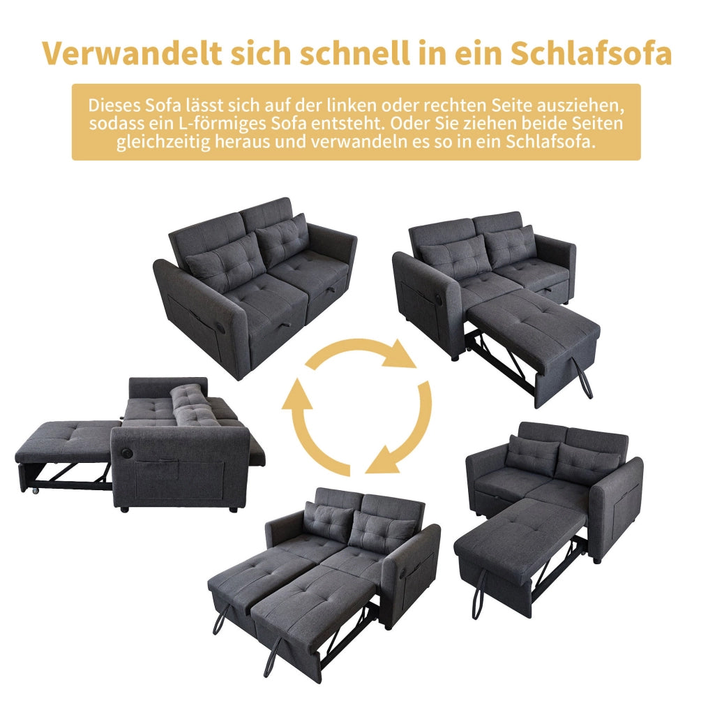 Divano letto 3 in 1 grigio con schienale regolabile, porte USB e 2 cuscini