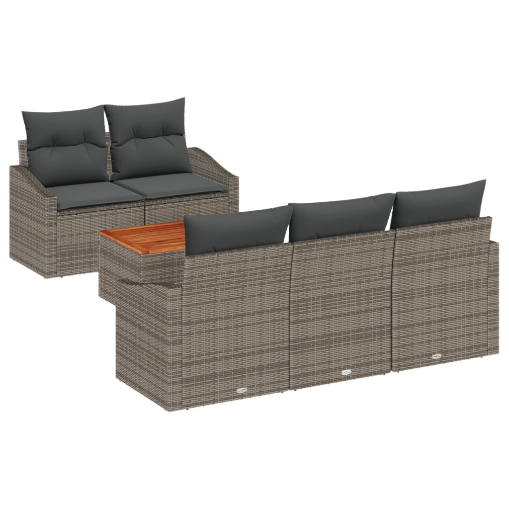 Set di Divani da Giardino di 6 Pezzi con Cuscini Grigio Polirattan Acacia