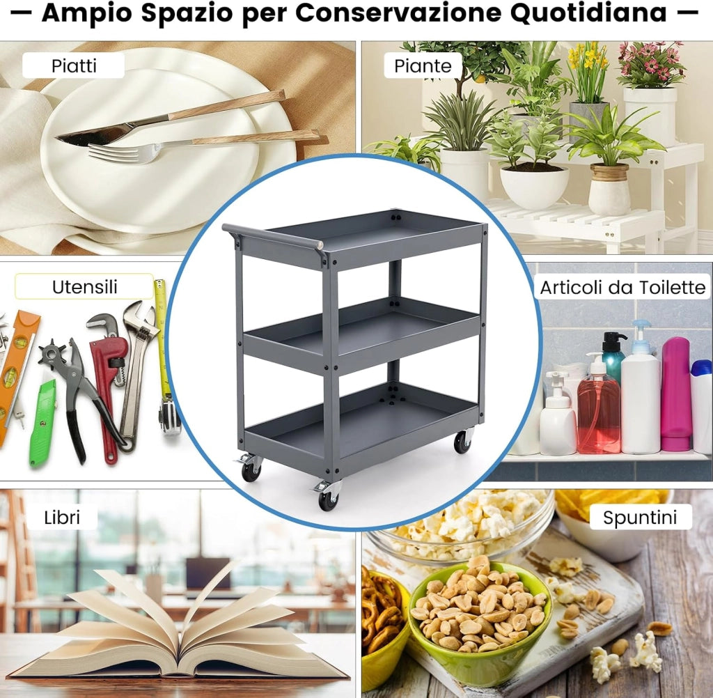 Carrello da Cucina con 3 Livelli, Carrellino Multifunzionale con Ruote Flessibili, Carrello di Servizio Resistente con Maniglia Comoda, Ideale per Ufficio Garage Magazzino Biblioteca (Grigio)