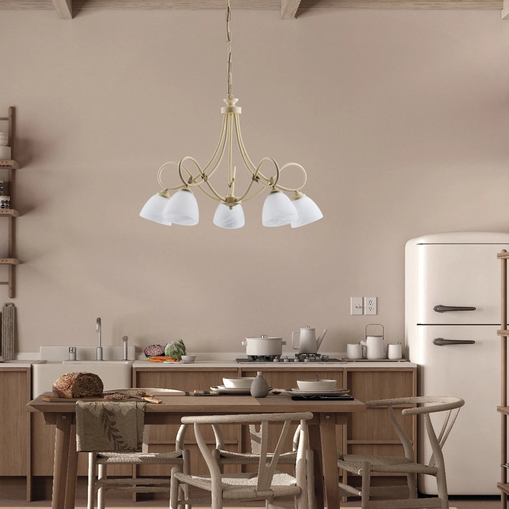 Lampadario 5 Luci Dallas BeLight Ferro Battuto Avorio e Vetro Bianco