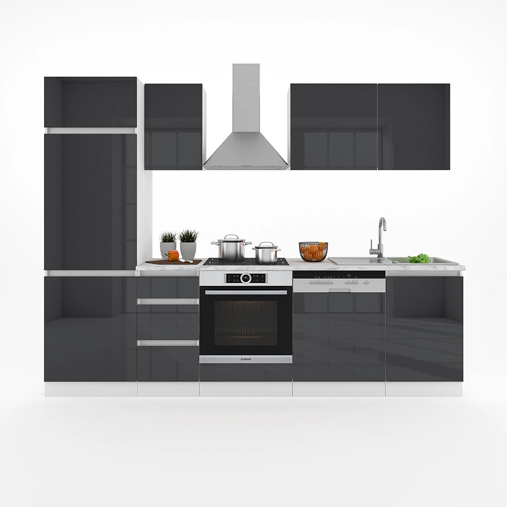 Vicco Cucina componibile Antracite lucido 270 cm senza piano di lavoro, senza maniglie con striscia LED
