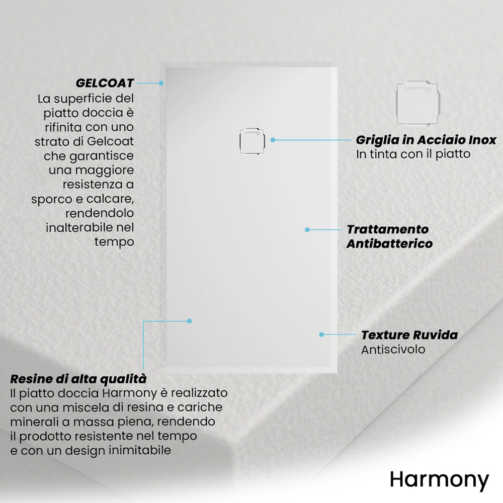 Piatto doccia 100x100 in marmoresina bianco con griglia in acciaio inox Harmony