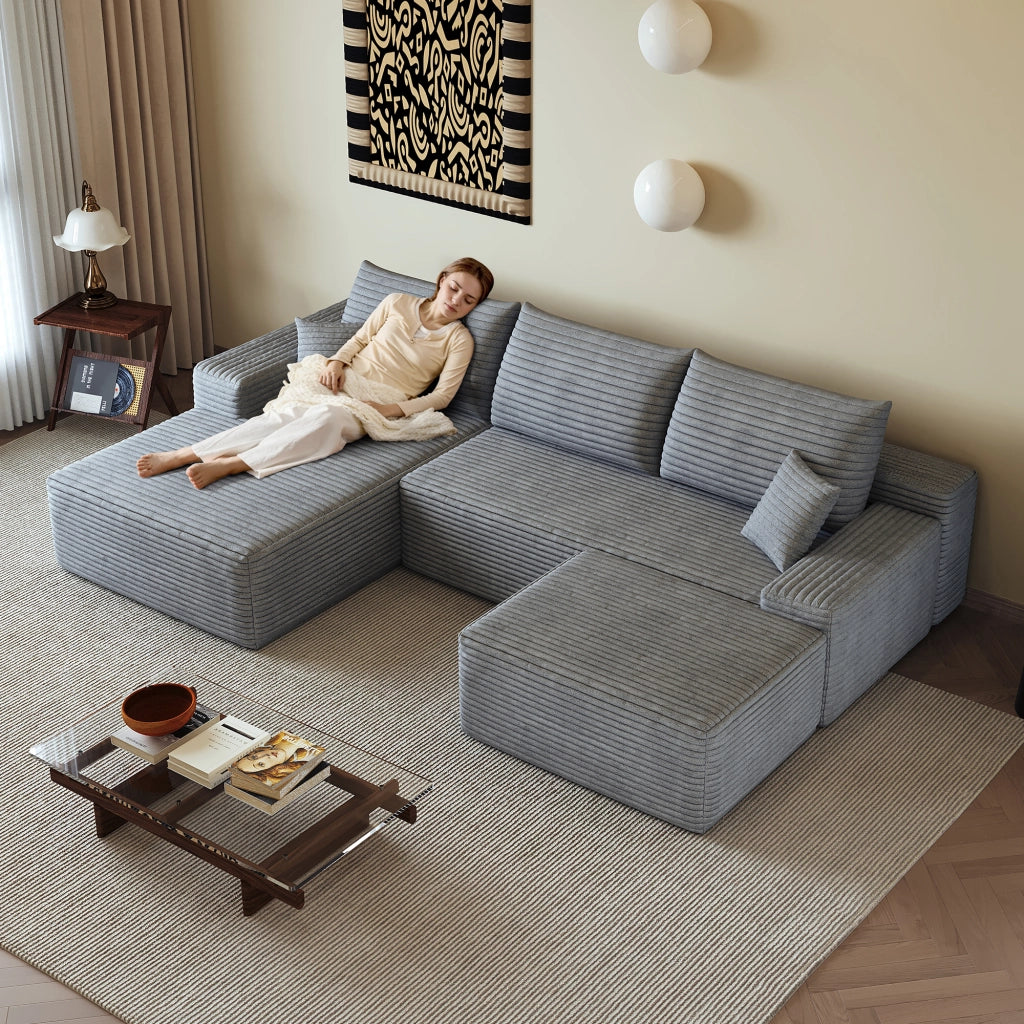 Divano angolare modulare senza montaggio con chaise longue in velluto a coste grigio e schiuma ad alta elasticità