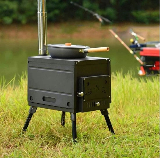 Campingtentkachel pieghevole con camino e ventilatore manuale - portatile e ideale per attività all'aperto