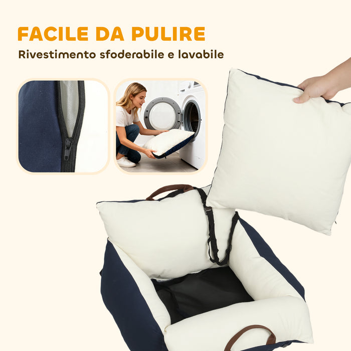 Seggiolino Auto per Cani Piccoli con Guinzaglio di Sicurezza Sfoderabile e Lavabile in Cotone e PP Blu