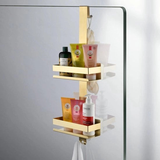 Organizzatore per doccia a sospensione con 2 livelli e ganci, per la stanza da bagno, con rack a 2 piani e appendiabiti, per la conservazione di sapone per il corpo, shampoo, sapone, rasoi, asciugamani