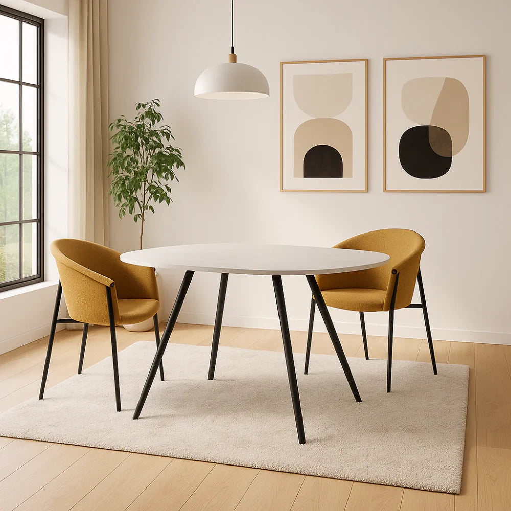 Set di 2 sedie da pranzo imbottite in tessuto giallo Electra con struttura in metallo facili da pulire | Duzzle