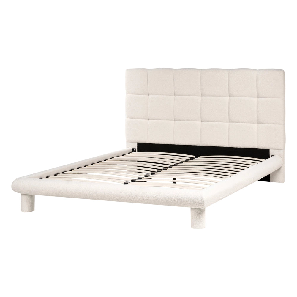 Letto imbottito in bouclé bianco sporco 140 x 200 design scandinavo testata morbida