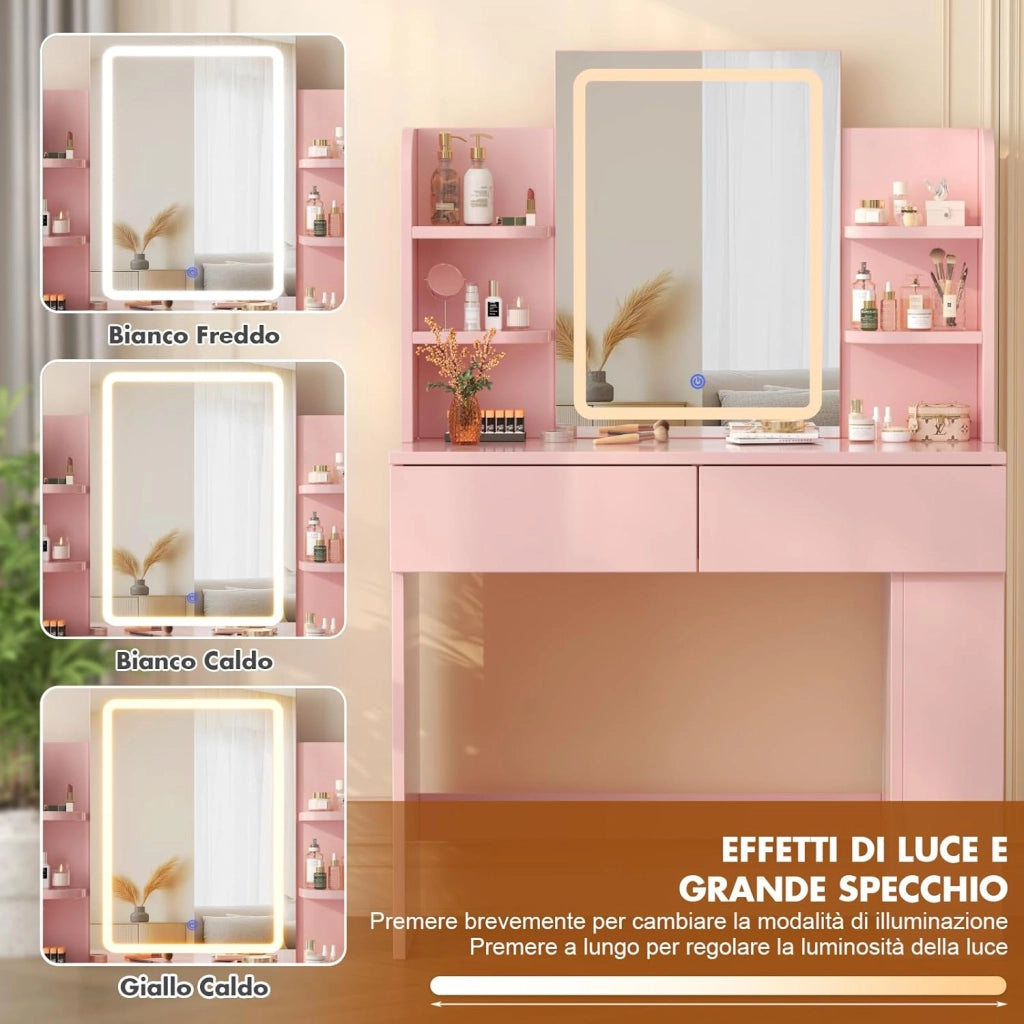 Toeletta Trucco con Luci LED 3 con Luminosità Regolabile,Tavolo da Trucco con Specchio, Ripiani Regolabili, 2 Cassetti, in Legno,Moderno (Rosa, 90cm)