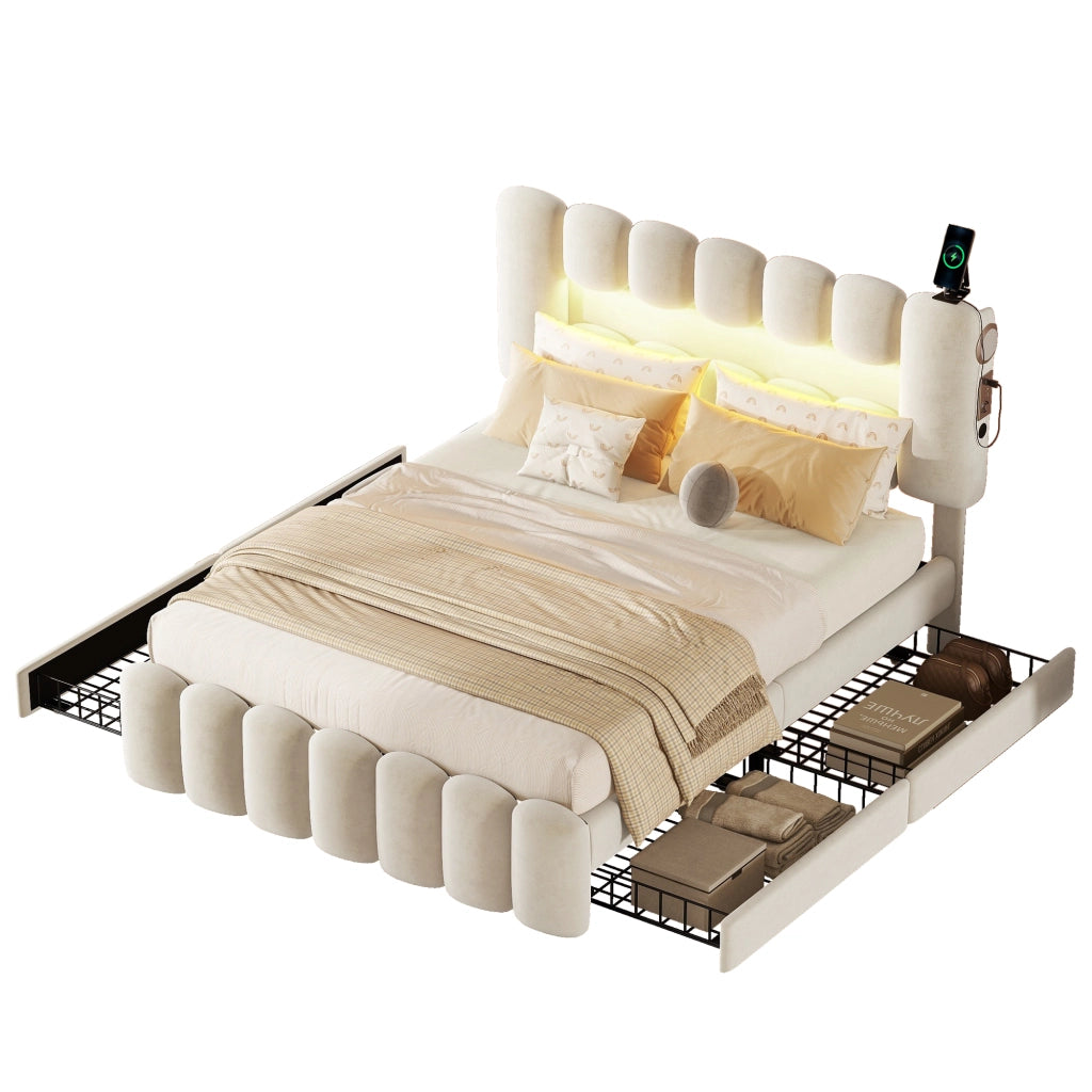 Letto con Cassetti 140×200 cm; Letto Matrimoniale con 4 Cassetti; USB; Altoparlanti e LED; senza Materasso; Beige