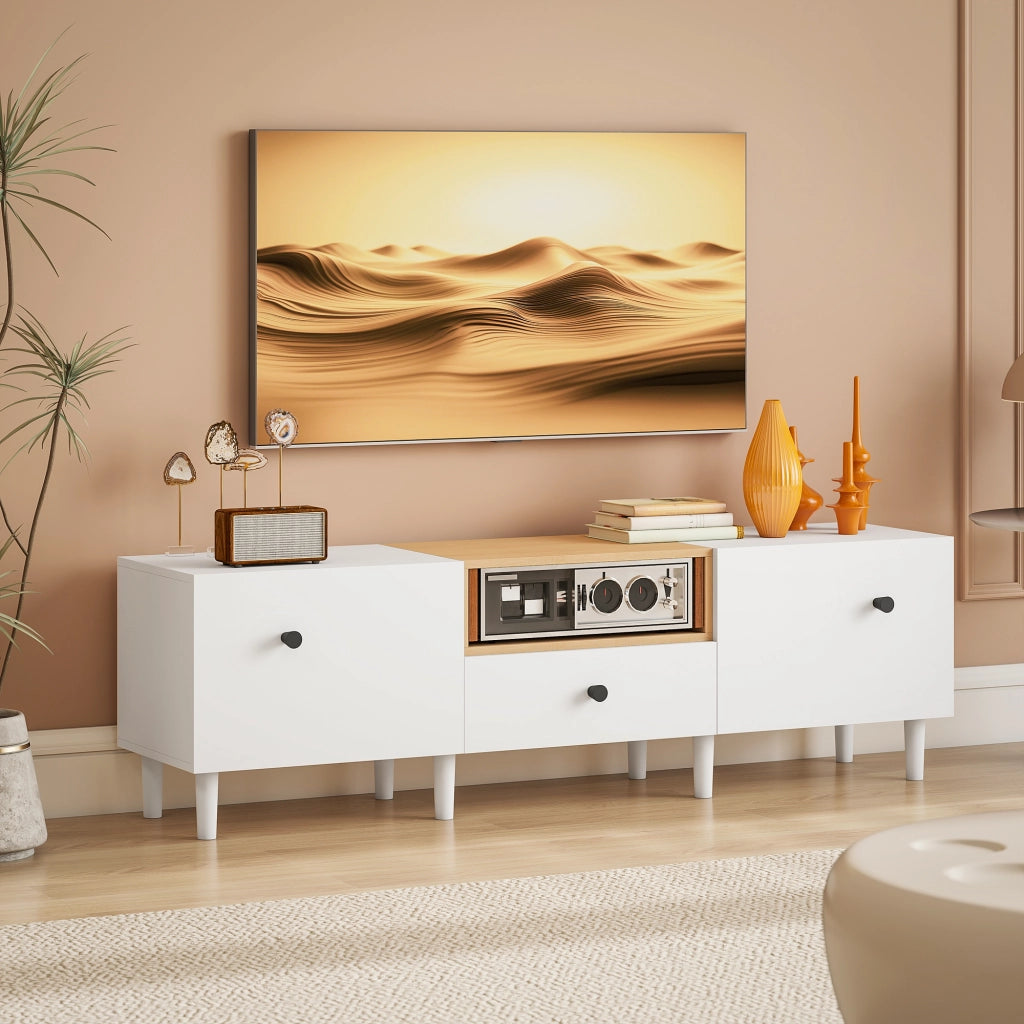 Mobile TV 70" max con 2 Ante a Ribalta, Cassetto e Scaffale Aperto, in Legno, 150x35x45 cm, Bianco e color Legno