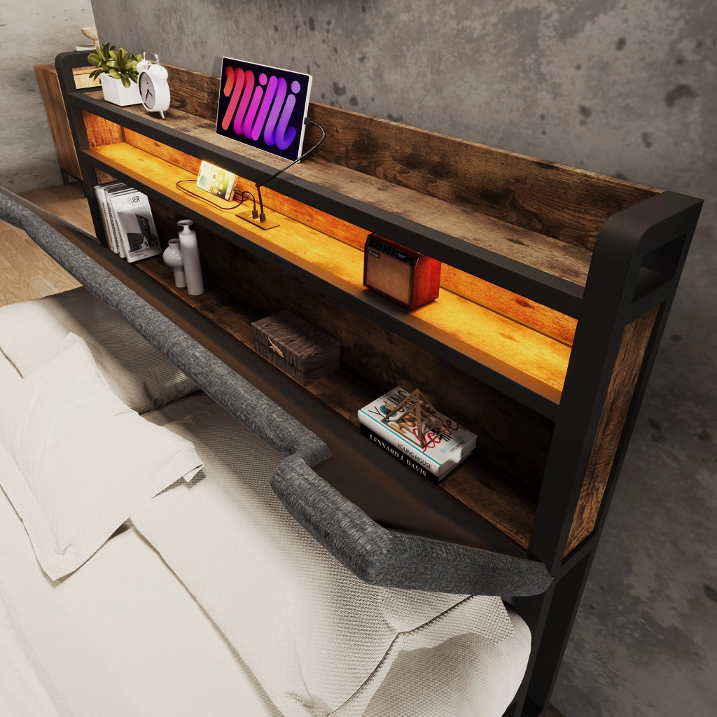 Letto Contenitore Singolo con USB; Tipo C e LED Regolabile 90 × 200 cm; senza Materasso; Beige