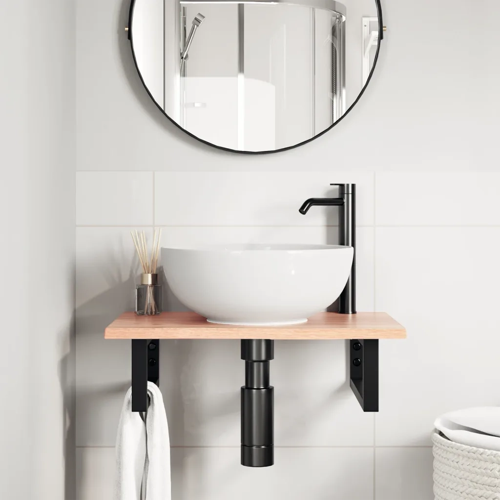 Ripiano a Parete per Lavabo-Mensole a Muro in Acciaio e Massello di Rovere 747518