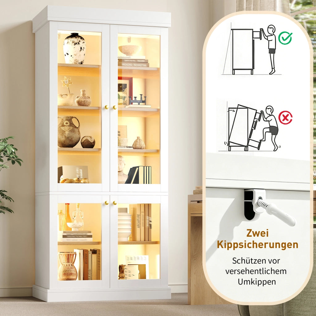 Armadio alto con LED, 2 sistemi antiribaltamento e ripiani regolabili, in MDF e vetro, bianco, 80 × 40 × 180 cm