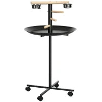 Posatoio per pappagalli su piedistallo, con 4 ruote e 2 ciotole, in acciaio inox, Ø 60 x 111 cm, Grigio