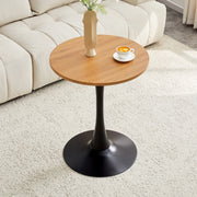 Tavolo da pranzo rotondo con base centrale, piano in MDF effetto legno, stile mid-century, per soggiorno, nero e legno