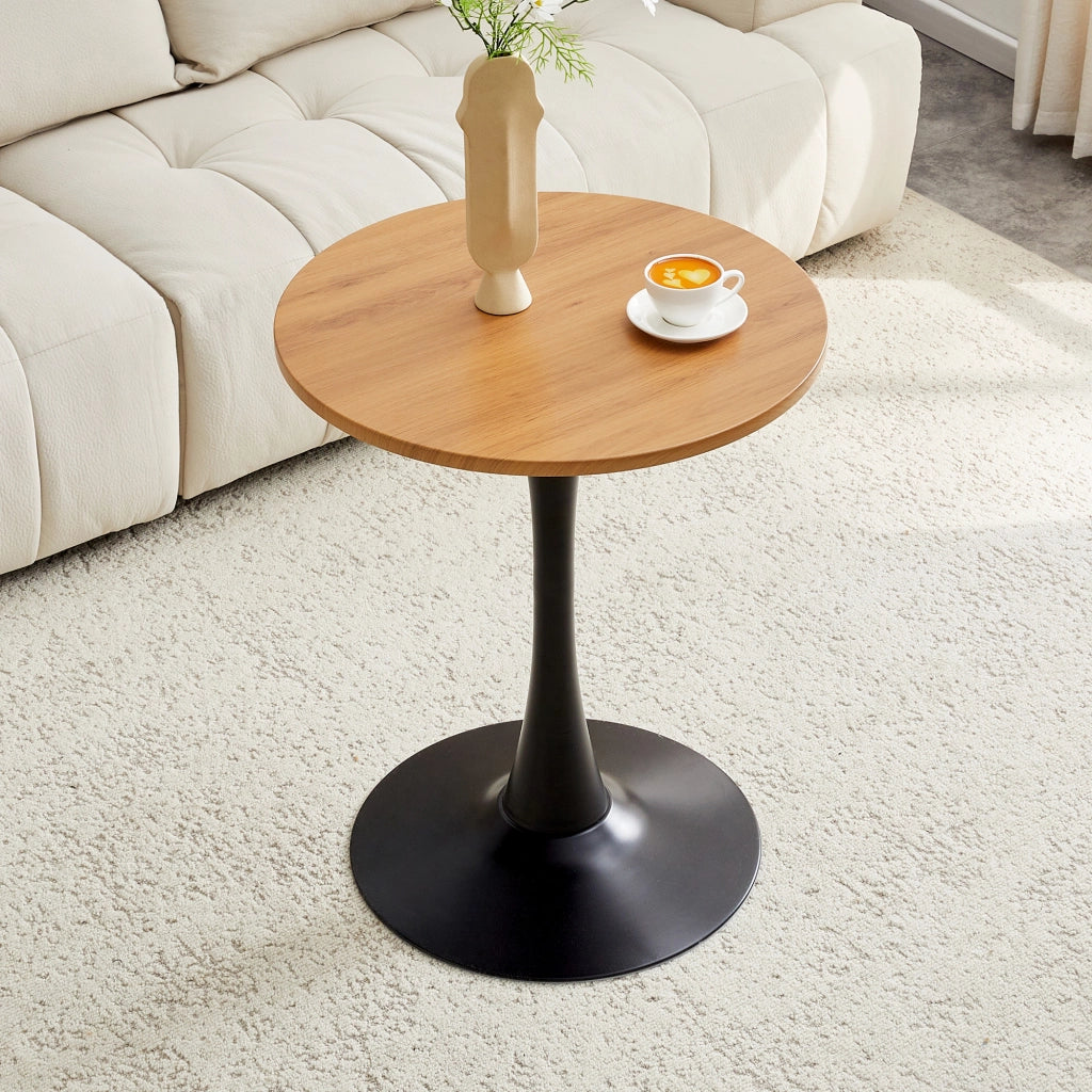 Tavolo da pranzo rotondo con base centrale, piano in MDF effetto legno, stile mid-century, per soggiorno, nero e legno