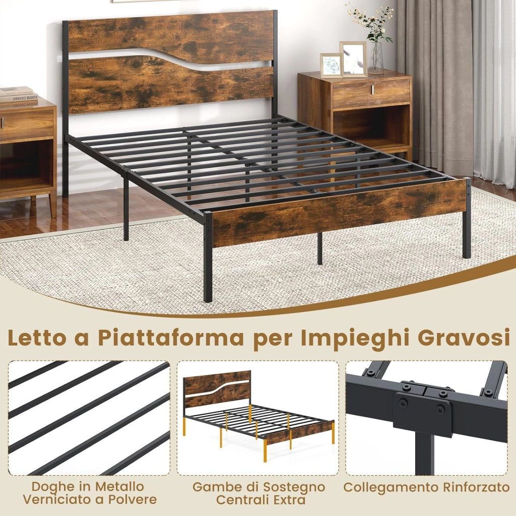 Struttura Letto in Metallo Matrimoniale 200x140 cm, Letto a Piattaforma Industriale con Testiera e Pediera in Legno, Silenzioso, Carico Massimo 360 kg
