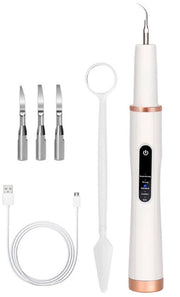Apparecchio per la pulizia dei denti, strumento di pulizia odontoiatrica, rimuovitore di tartaro, pulitore dei denti con 4 teste di pulizia, bianco