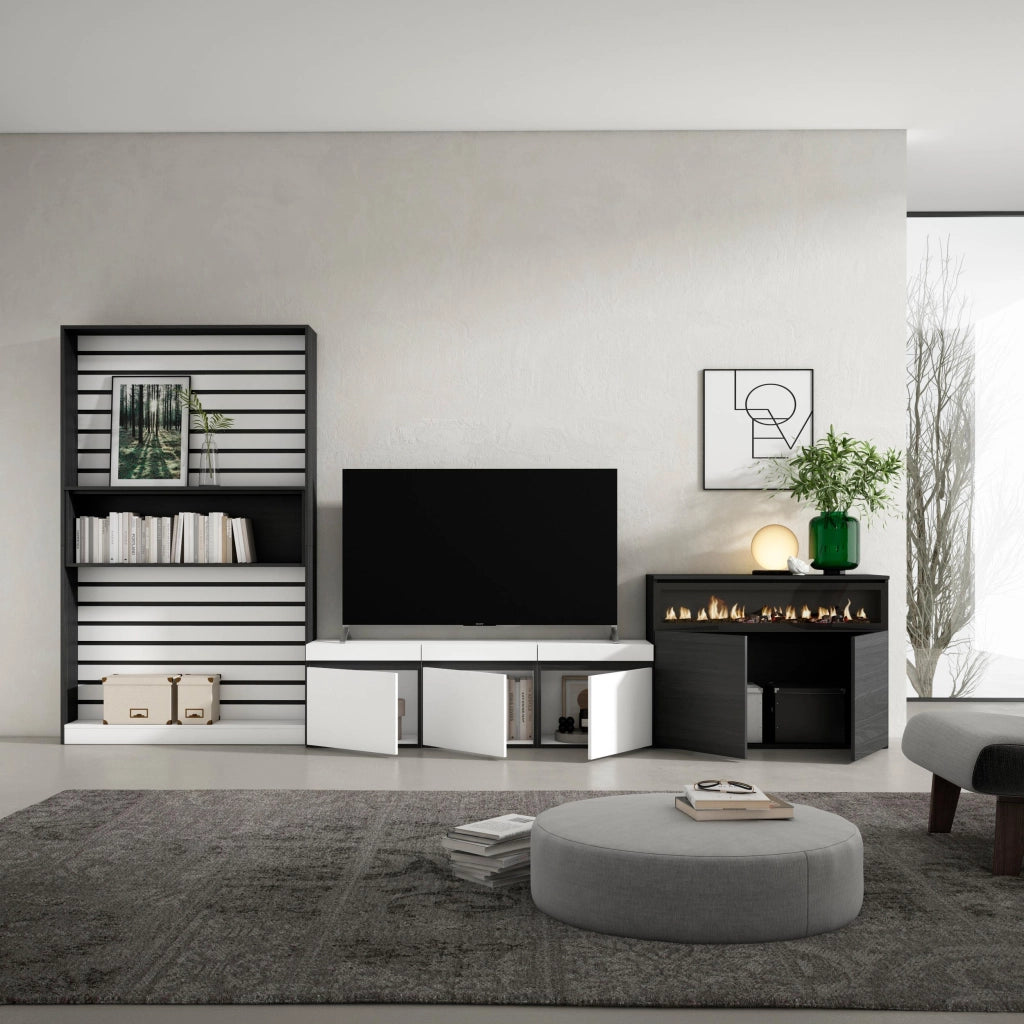 Mobile TV, Soggiorno, 360x35x186cm, Per TV fino a 65", Camino elettrico, Bianco e nero RF3189