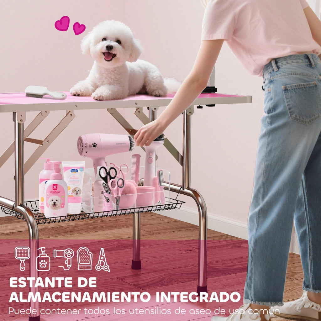 Tavolo da Toelettatura Cani Pieghevole ¨C Xylo ¨C con Cestino Metallico e Braccio Regolabile 107x60x164 cm Rosa
