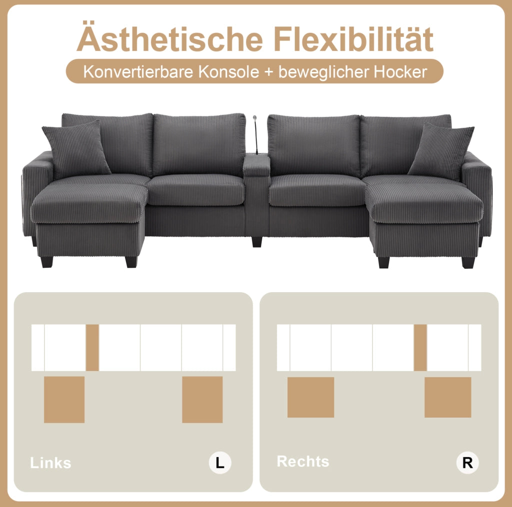 Divano a U in velluto a coste grigio con LED, USB/Type-C, 2 pouf e lampada