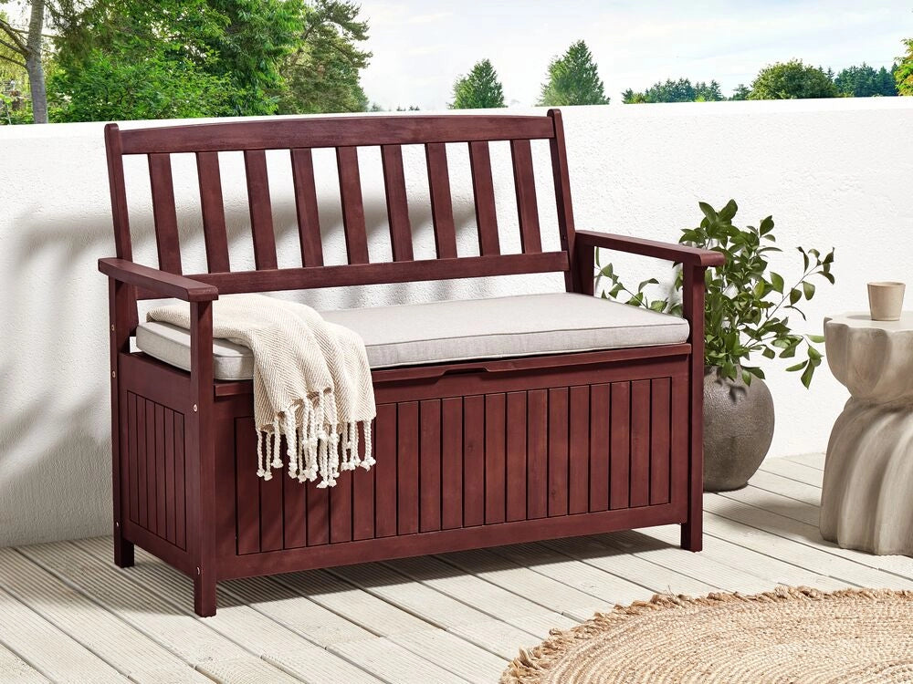 Panca da Esterno con Contenitore in Legno Massello di Acacia 2 Posti 120 cm Rosso Mogano e cuscino grigio
