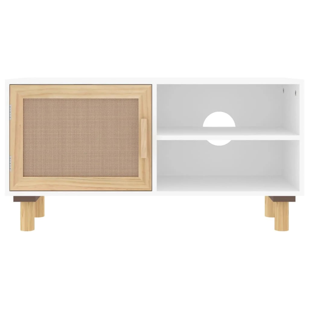 Mobile TV multimediale scaffale TV credenza TV sala da pranzo soggiorno camera da letto 80 x 30 x 40 cm legno di pino massiccio e rattan bianco naturale 02_0026221