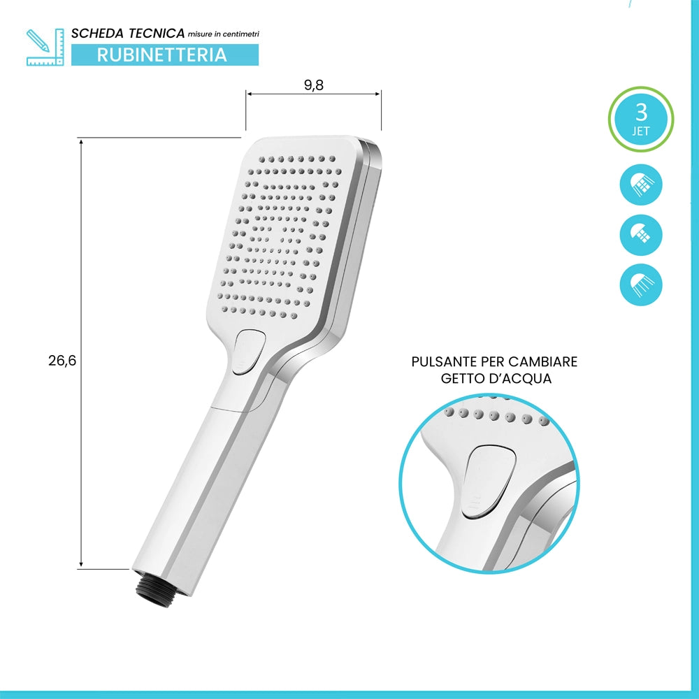 Doccetta quadrata 26,6 cm con tre tipi di getto cromo in ABS Hidra