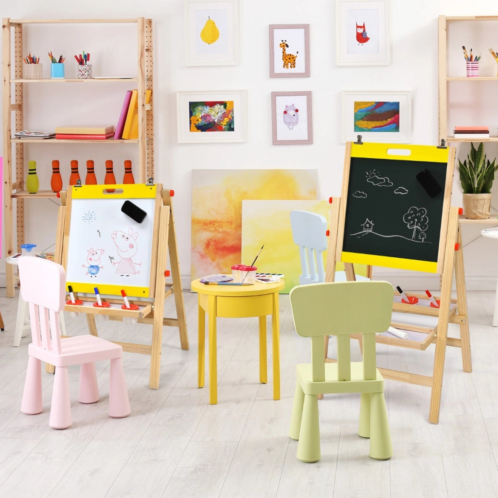 Cavalletto 3 in 1 pieghevole per bambini con altezza regolabile e vassoio, Cavalletto artistico di legno Giallo-Cavalletti e lavagne bambini