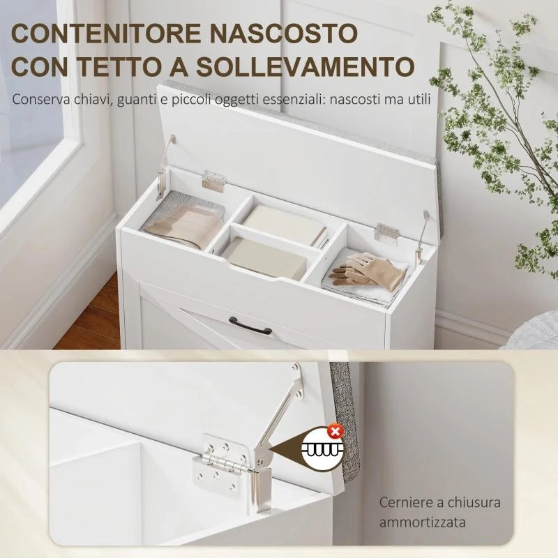 PANCA SCARPIERA CON CASSETTO RIBALTABILE E CONTENITORE, CAPACITÓ 8 PAIA DI SCARPE, 80X30X55 CM, BIANCO