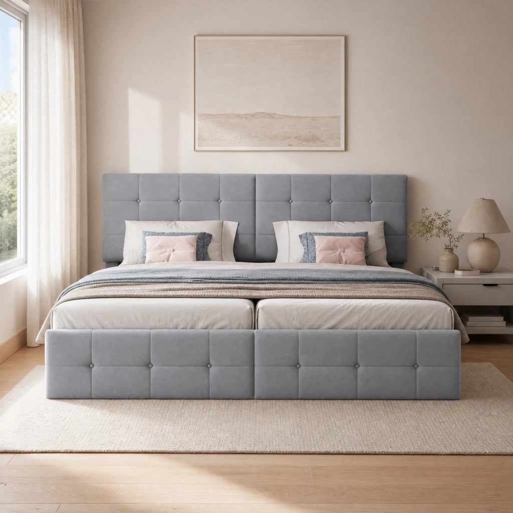 Letto imbottito 180x200 cm con contenitore idraulico; convertibile in due letti 90x200 cm; grigio