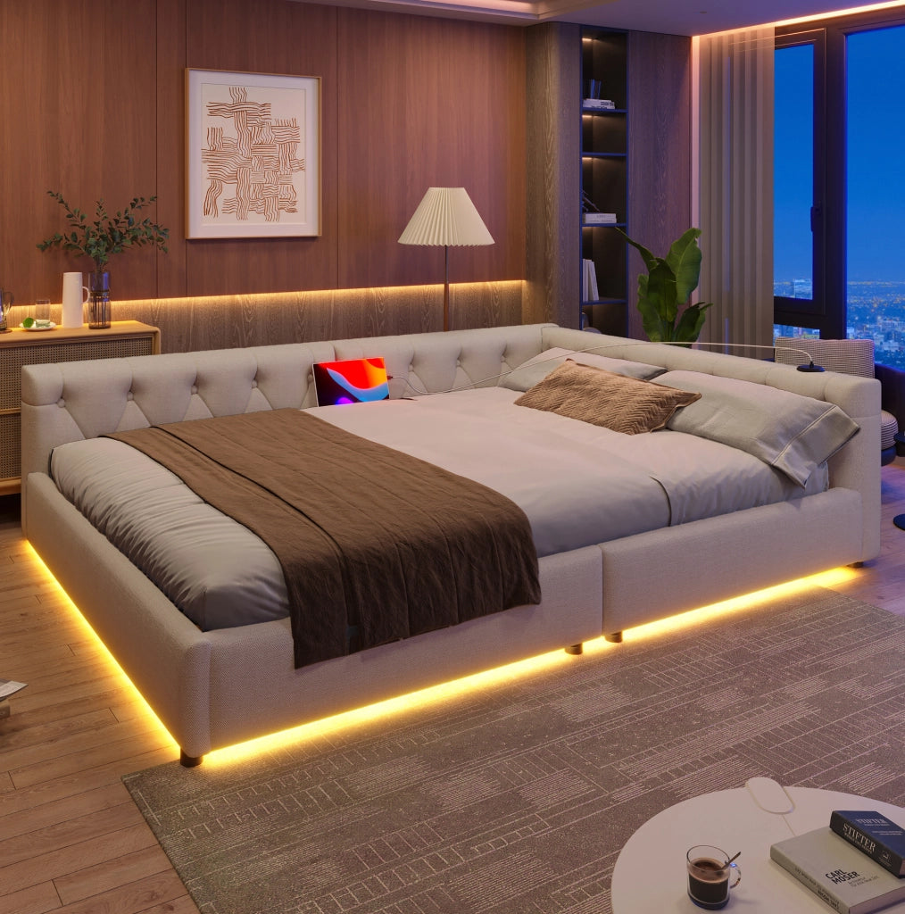 Letto matrimoniale 140x200 cm con LED; USB e Type-C; in lino beige