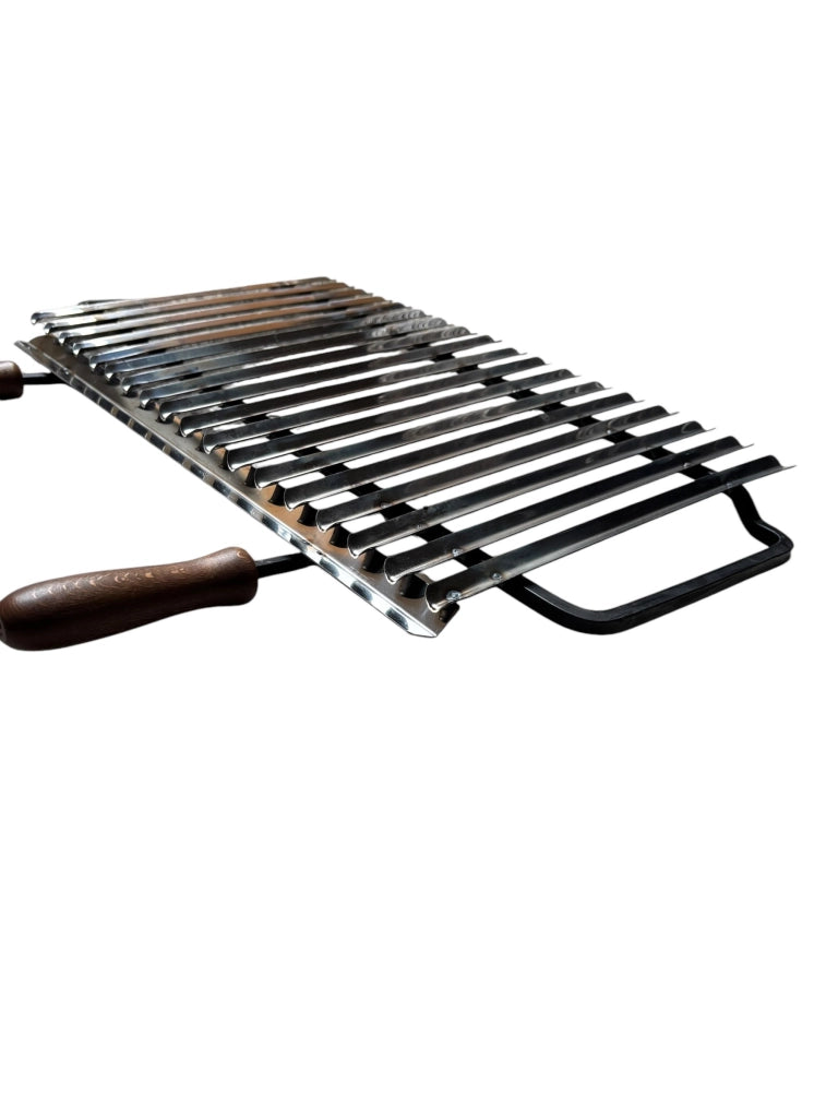Griglia Scorrevole per Barbecue in Acciaio Inox, con Manici in Legno, Sistema Recupera Grassi, Made in Italy 78x35 cm