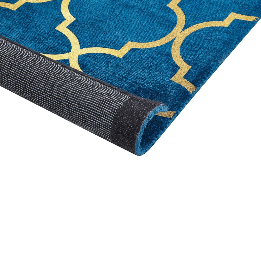 Tappeto Blu con dorato Motivo Quadrifoglio Viscosa con Cotone 140 x 200 cm Stile Modern Glam