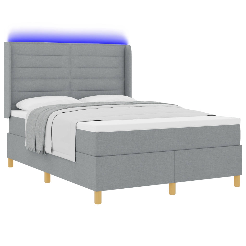 Letto Box Spring con Materasso e Luce LED Grigio Chiaro 140x200 cm Tessuto