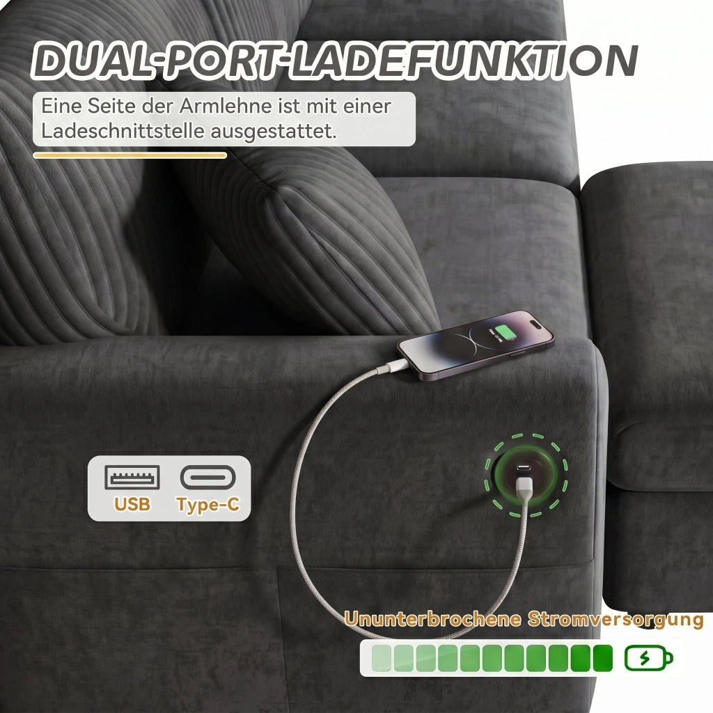 Divano Convertibile con 1 Porta USB, 1 Porta Type-C, Pouf, 2 Cuscini, in Chenille e Velluto a Coste, Grigio