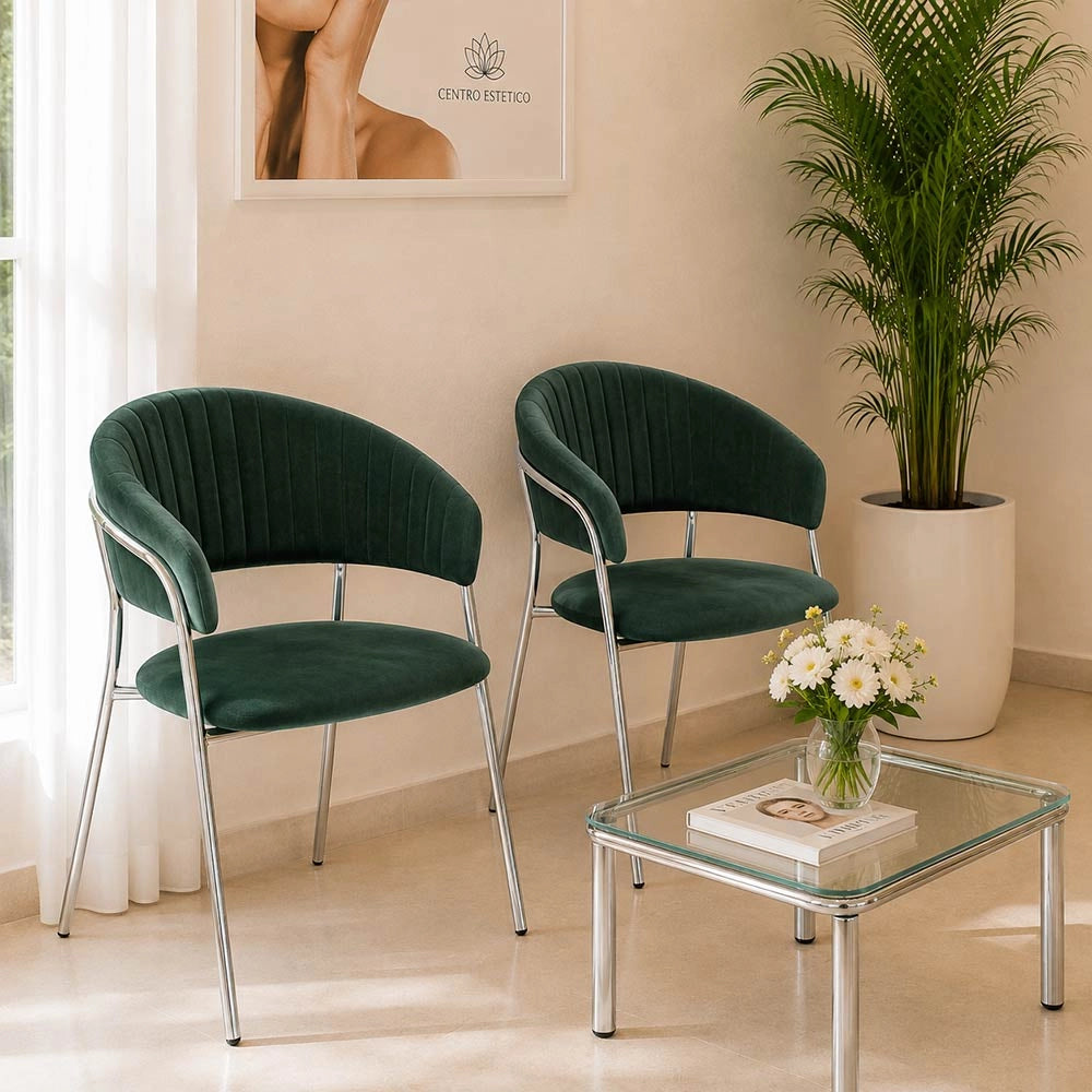 Sedie da pranzo set da 2 Aurelia in velluto verde con gambe in ferro cromato