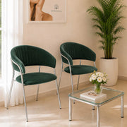 Sedie da pranzo set da 2 Aurelia in velluto verde con gambe in ferro cromato
