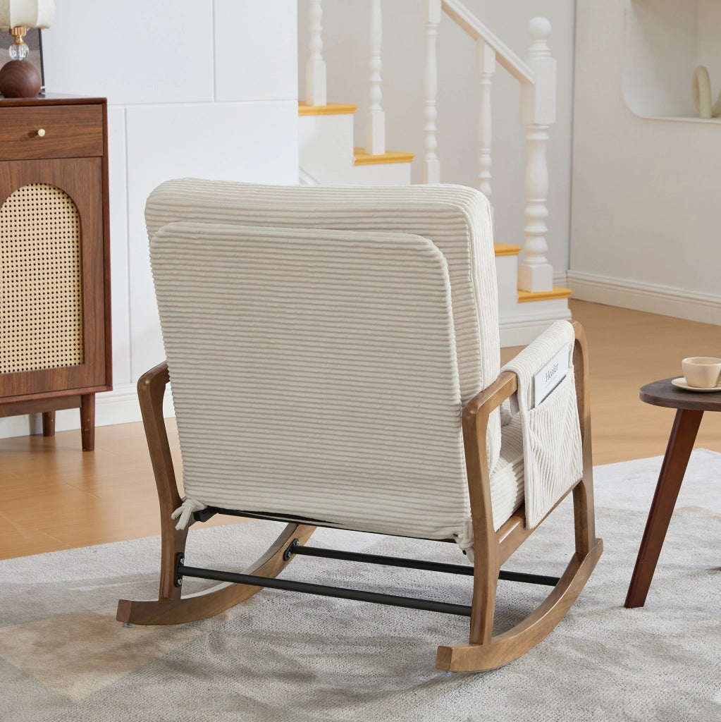Sedia a dondolo con poggiapiedi in corduroy beige; schienale reclinabile a 3 posizioni; 70x80x92 cm