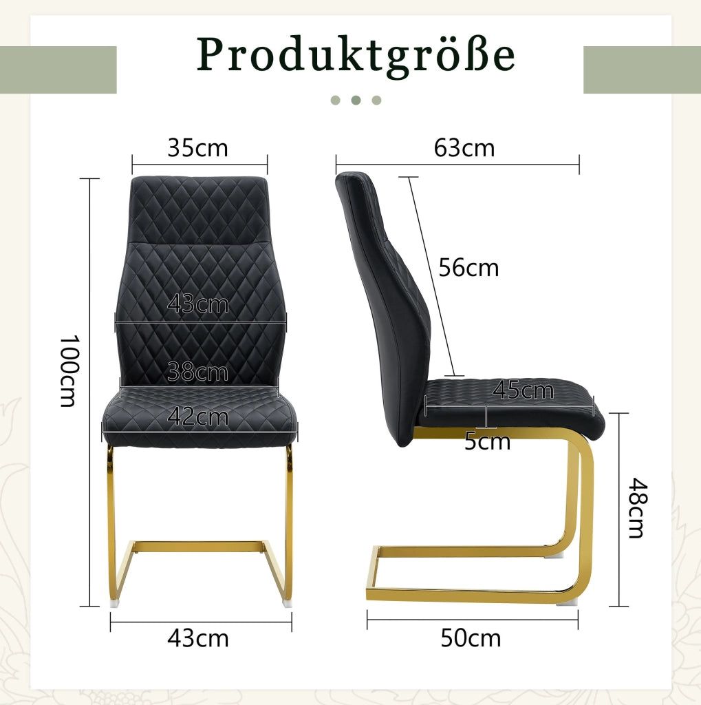 Set 2 sedie da pranzo in PU nero con motivo trapuntato; schienale alto 100 cm; struttura in metallo oro
