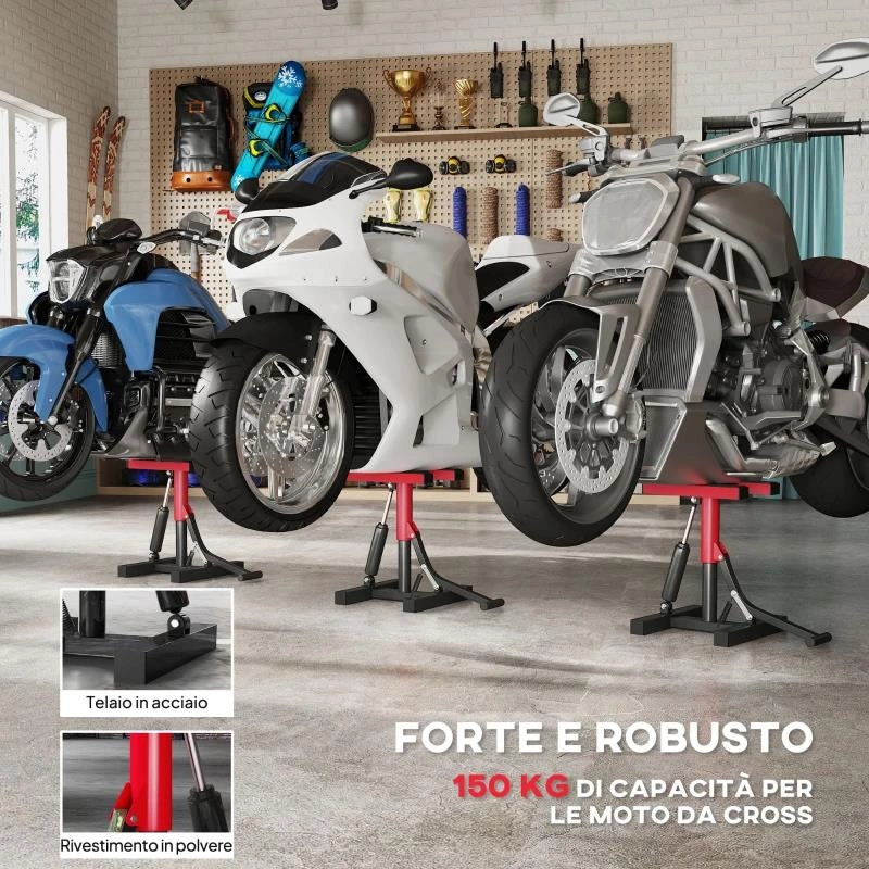 CAVALLETTO ALZAMOTO IN ACCIAIO CAPACITÀ 150KG, ALTEZZA REGOLABILE E PIANO ANTISCIVOLO, ROSSO
