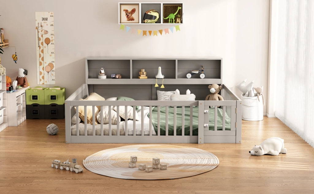 DESMIU Letto singolo 140 × 200 cm con ripiani laterali, sponda di sicurezza, senza materasso, in pino e MDF, grigio